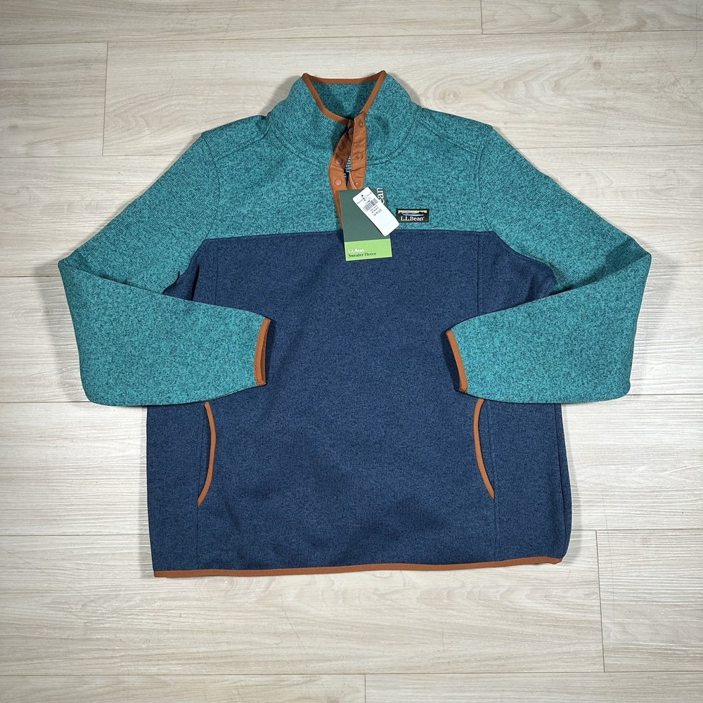 LL Bean Womens Pullover Sweater Fleece Blue Size 1X Plus Snap Collar NEW $84‎